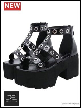 Goth Platform Sandals Chunky Heel Ankle Strap Open Toe Slingback PU Leather
